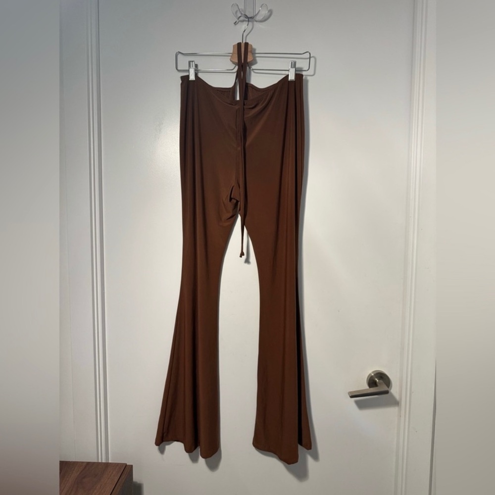 Brown High-Waist Flare Drawstring Pants